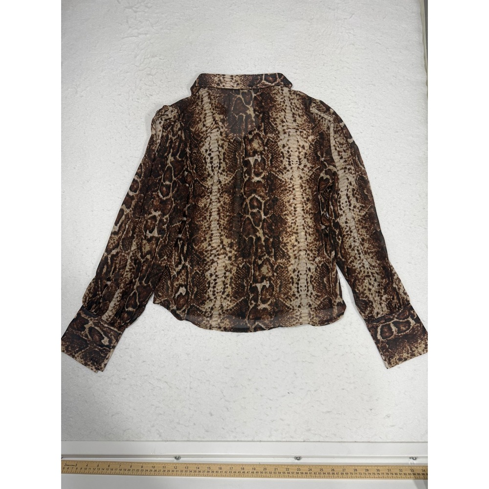 Women Brown Animal Snakeskin Print Sheer Button Up Blouse Size L 8/10 - Picture 2 of 3